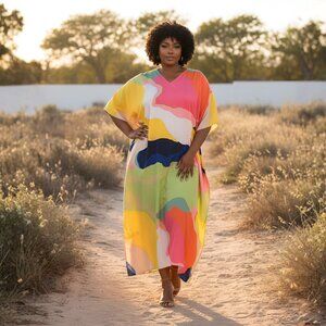Gypsie Blu Multicolor Caftan Dress Stylish Comfy Maxi Kimono Sleeve Dresses
